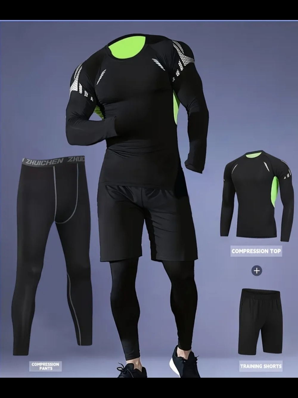 Men's 3-Piece Activewear  - Long Sleeve Top, Leggings & Shorts - Black Neon XL